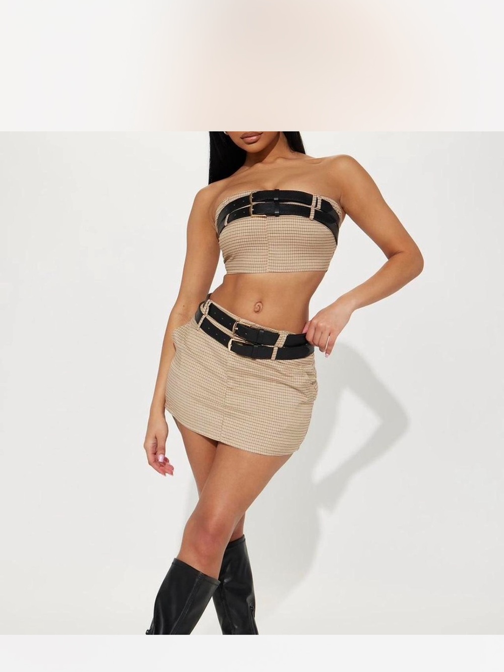 Fashion Nova Beige Strapless Crop Top with Black Buckle Detail